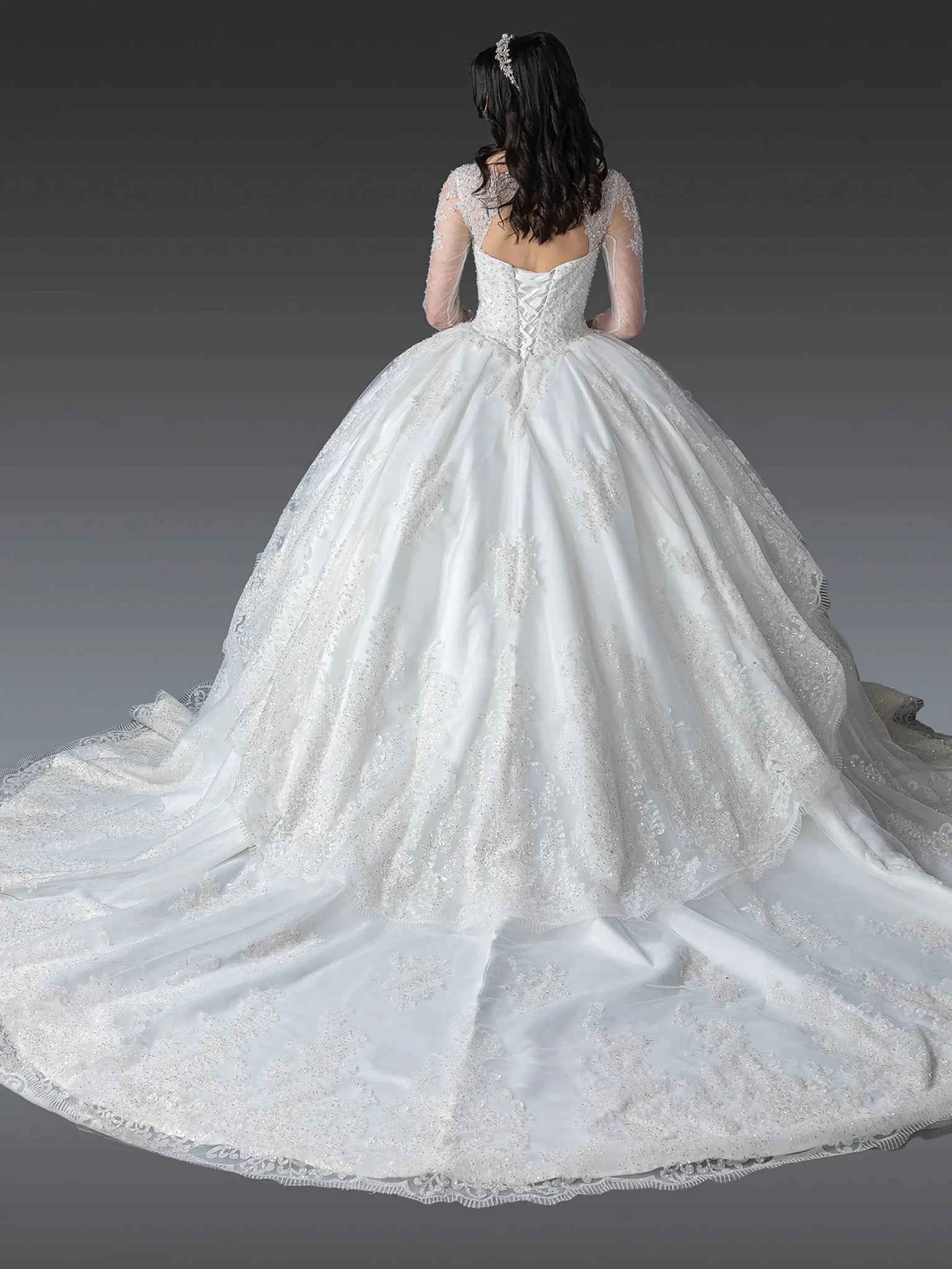 Back full Length view of Imperial Off White Long-Sleeve Ball Gown Wedding Dress