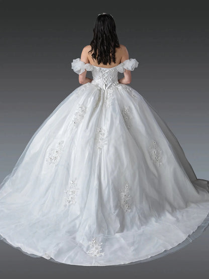 Back full Length view of Feminine Off White Puff Sleeve Wedding Dress with Lace-Up Back