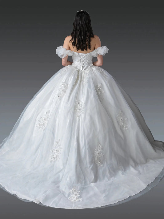 Back full Length view of Feminine Off White Puff Sleeve Wedding Dress with Lace-Up Back