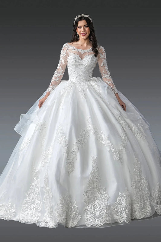 Woman in Off white long sleeve lace wedding gown with illusion neckline and full skirt.