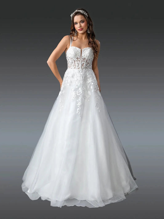 Showing floral embroidery across its sweetheart bodice, this Off-White wedding dress is shown in full view.