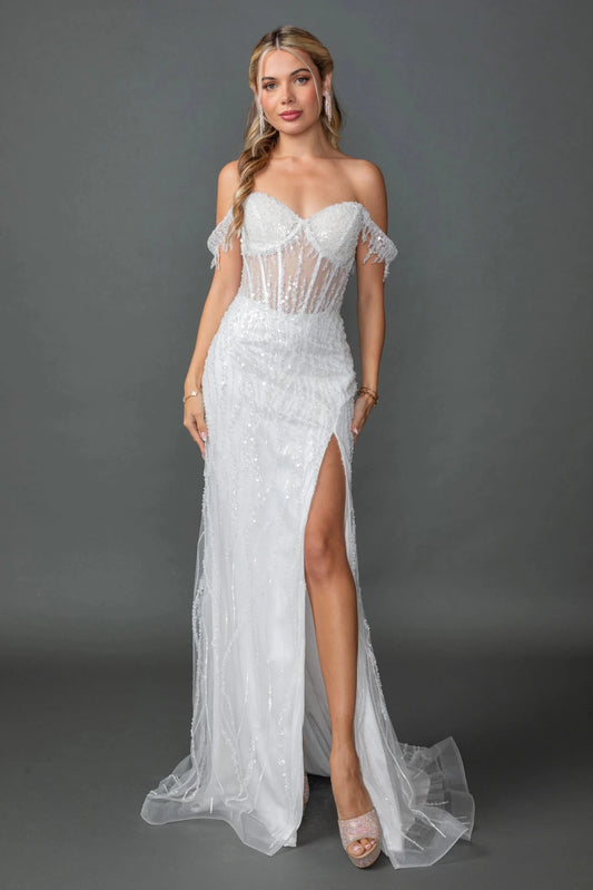 Featuring a floor-length skirt, this Off-White wedding dress is shown in full view.