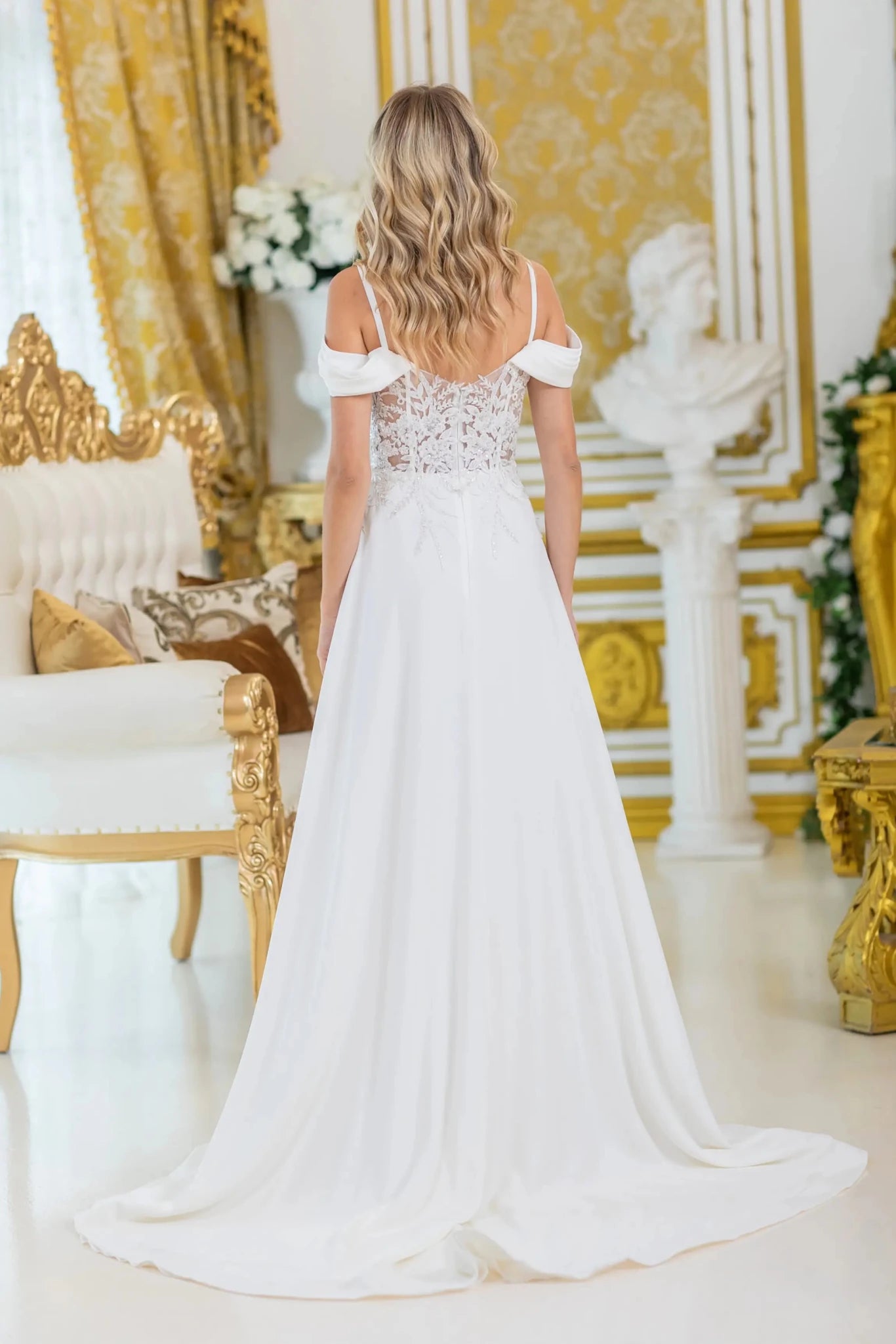 Back full Length view of Stunning Off White Off-Shoulder Lace Wedding Dress with Slit