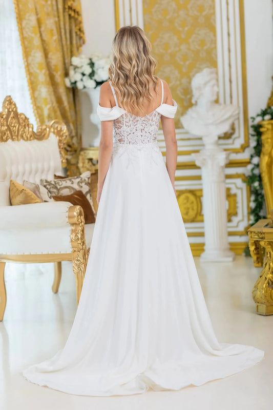 Back full Length view of Stunning Off White Off-Shoulder Lace Wedding Dress with Slit