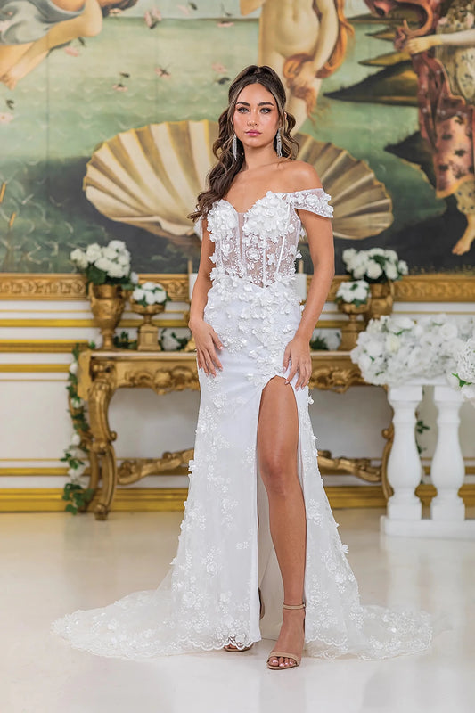 Woman in Off white off-shoulder wedding dress with sheer floral bodice and slit.