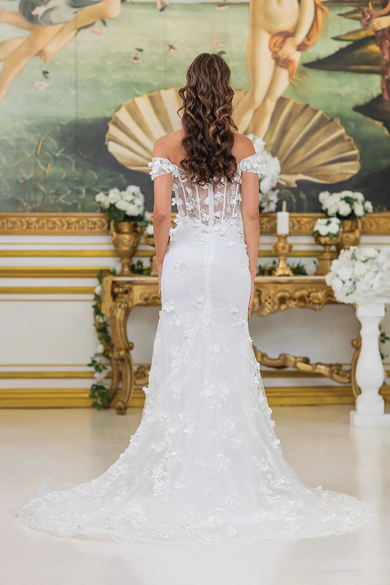 Back full Length view of Glamorous Off White Off-Shoulder Wedding Dress with High Slit