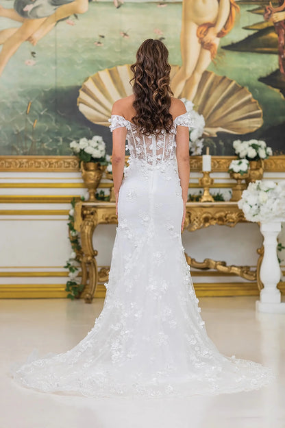 Back full Length view of Glamorous Off White Off-Shoulder Wedding Dress with High Slit