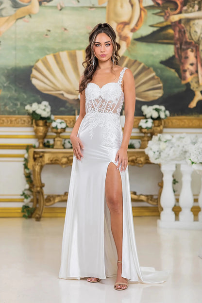 Woman in Off white off-shoulder A-line wedding dress with lace bodice and tulle skirt.