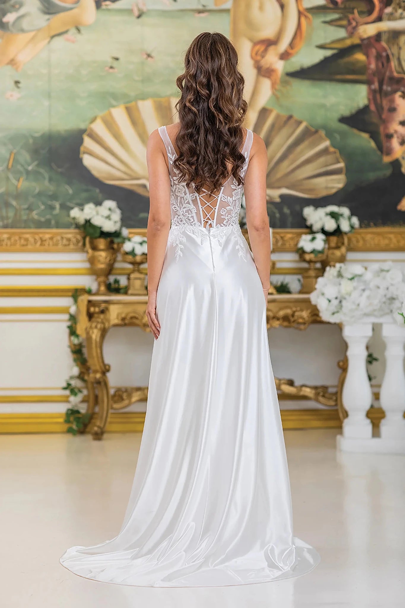 Back full Length view of Dreamy Off White Off-Shoulder Lace A-Line Wedding Dress