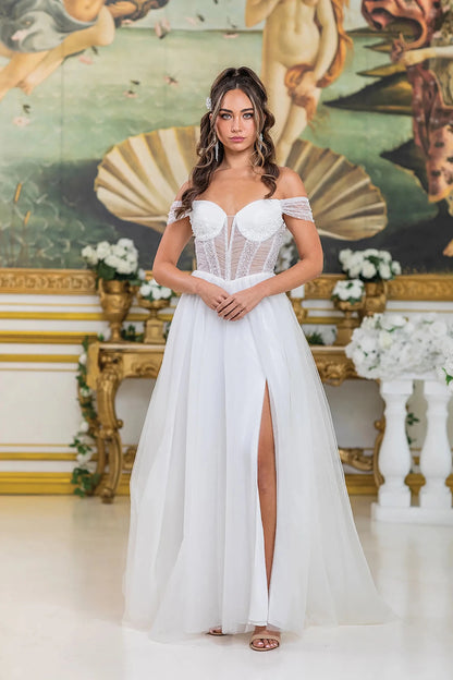 Woman in Off white off-shoulder wedding dress with sheer corset and slit.