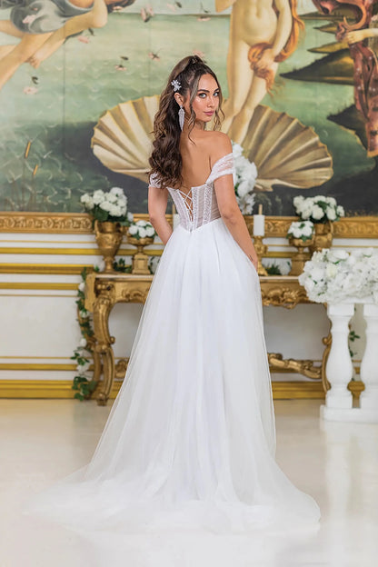 Back full Length view of Charming Off White Off-Shoulder Corset Wedding Dress with Slit