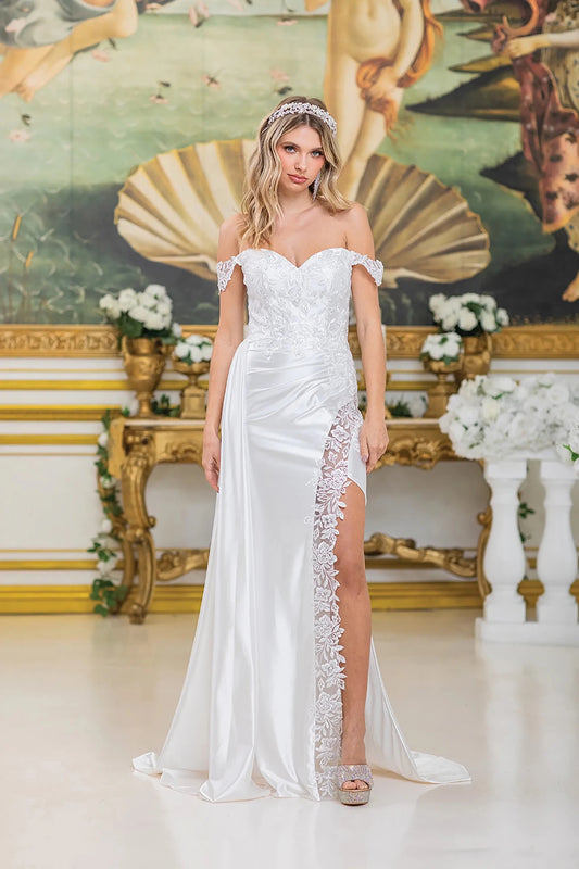 Woman in Off white off-shoulder satin wedding dress with floral lace trim and high slit.