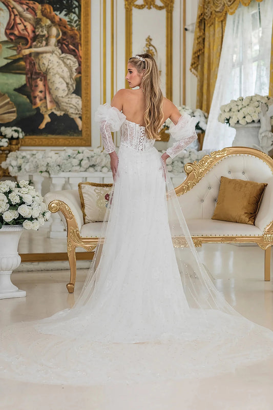 Back full Length view of Gorgeous Off White Lace Mermaid Wedding Dress with Train