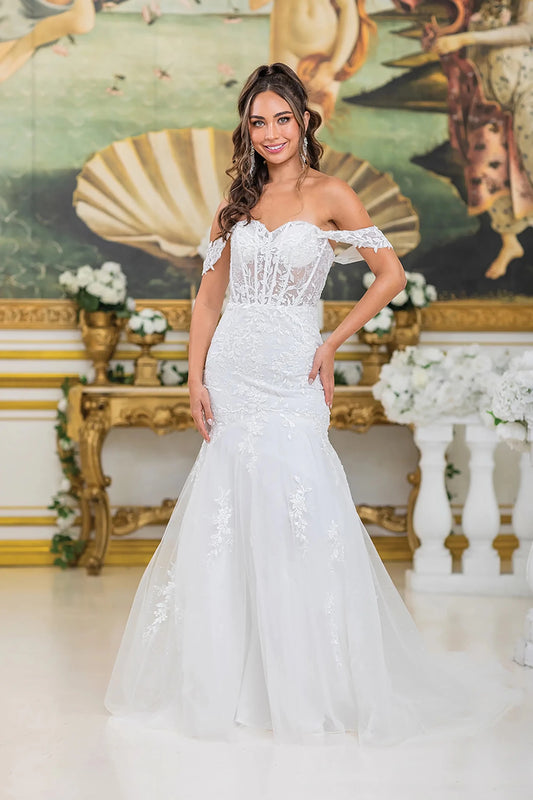 Woman in Off white off-shoulder wedding dress with sheer embroidered bodice and train.