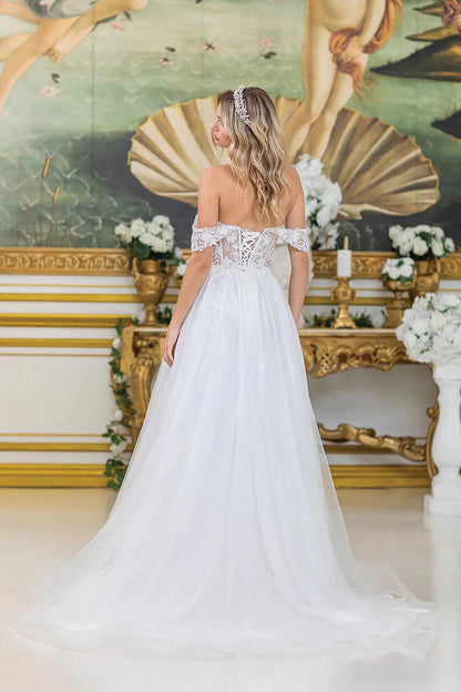 Back full Length view of Classic Off White Off-Shoulder Lace A-Line Wedding Dress