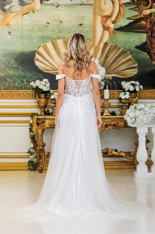 Back full Length view of Regal Off White Off-Shoulder Lace-Up Wedding Dress with Train