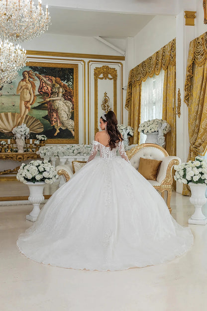 Back full Length view of Opulent Off White Lace Sleeve Corset Wedding Ball Gown