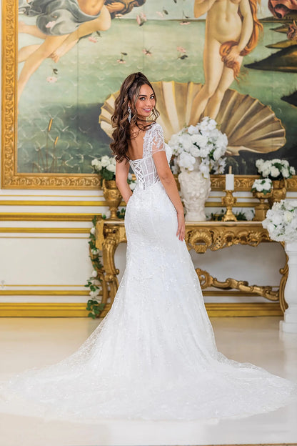 Back full Length view of Exquisite Off White Lace Mermaid Wedding Dress with Illusion Bodice