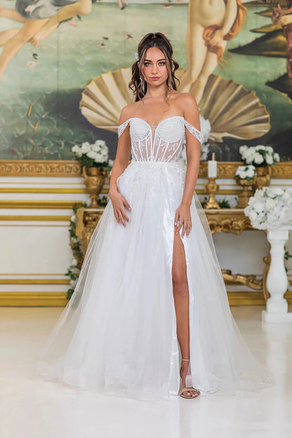 Woman in Off white off-shoulder wedding dress with sheer corset and high slit.