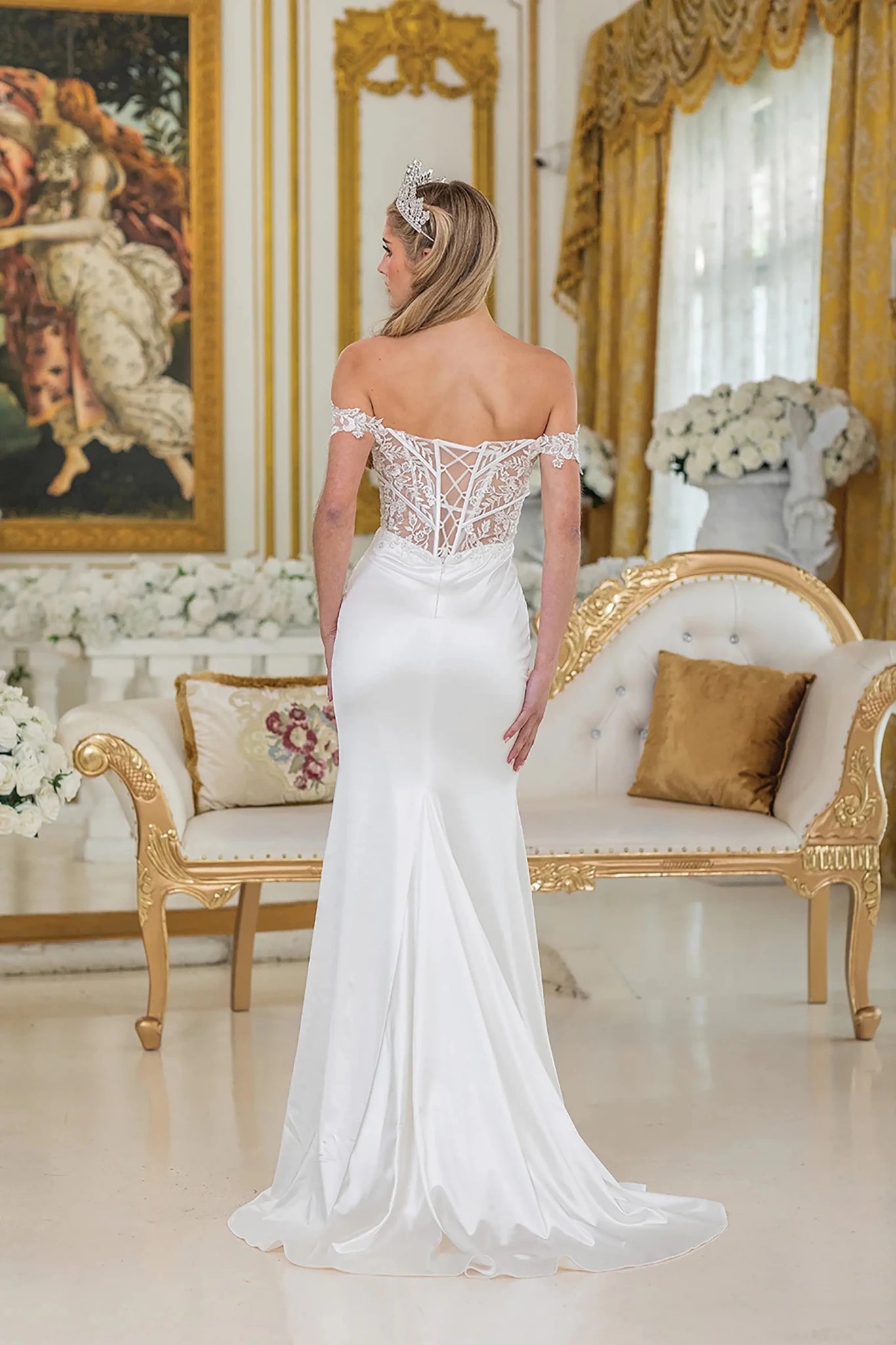 Back full Length view of Sleek Off White Off-Shoulder Satin Wedding Dress with Slit
