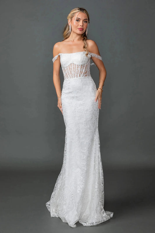 Woman in Off white off-shoulder mermaid wedding gown with sheer corset and lace embroidery.