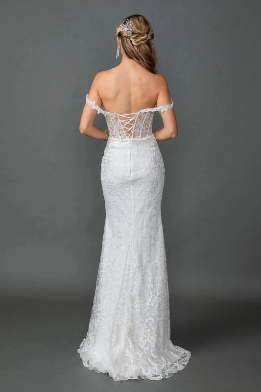 Back full Length view of Sophisticated Off White Off-Shoulder Corset Mermaid Wedding Gown
