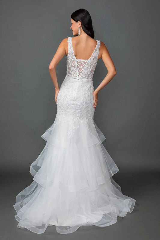 Back full Length view of Romantic Off White Lace Appliqué Mermaid Wedding Gown