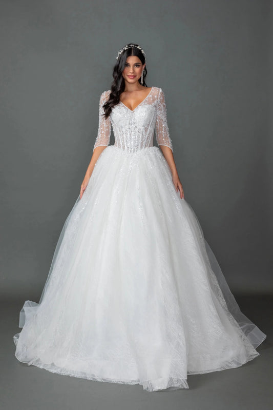 Featuring a floor-length skirt, this Off-White wedding dress is shown in full view.