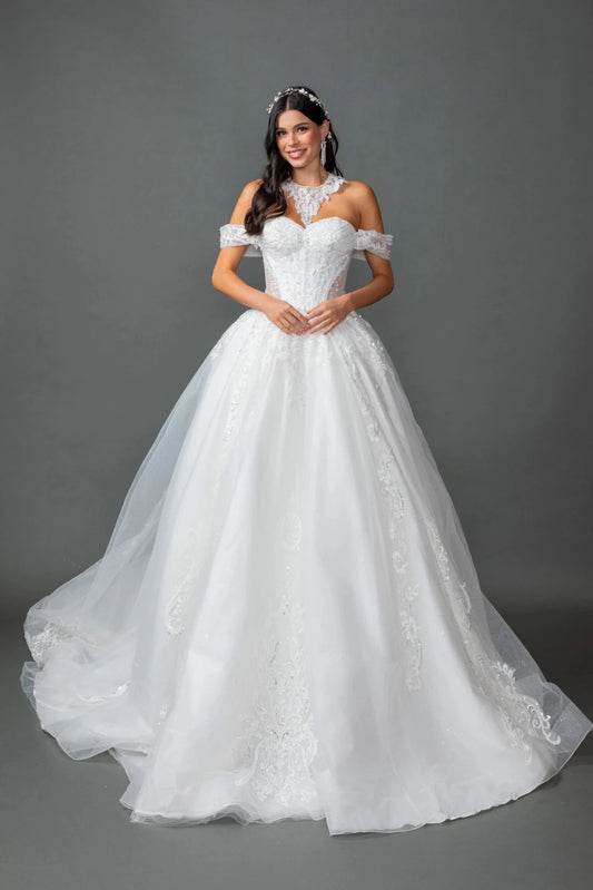 Featuring a floor-length skirt, this Off-White wedding dress is shown in full view.