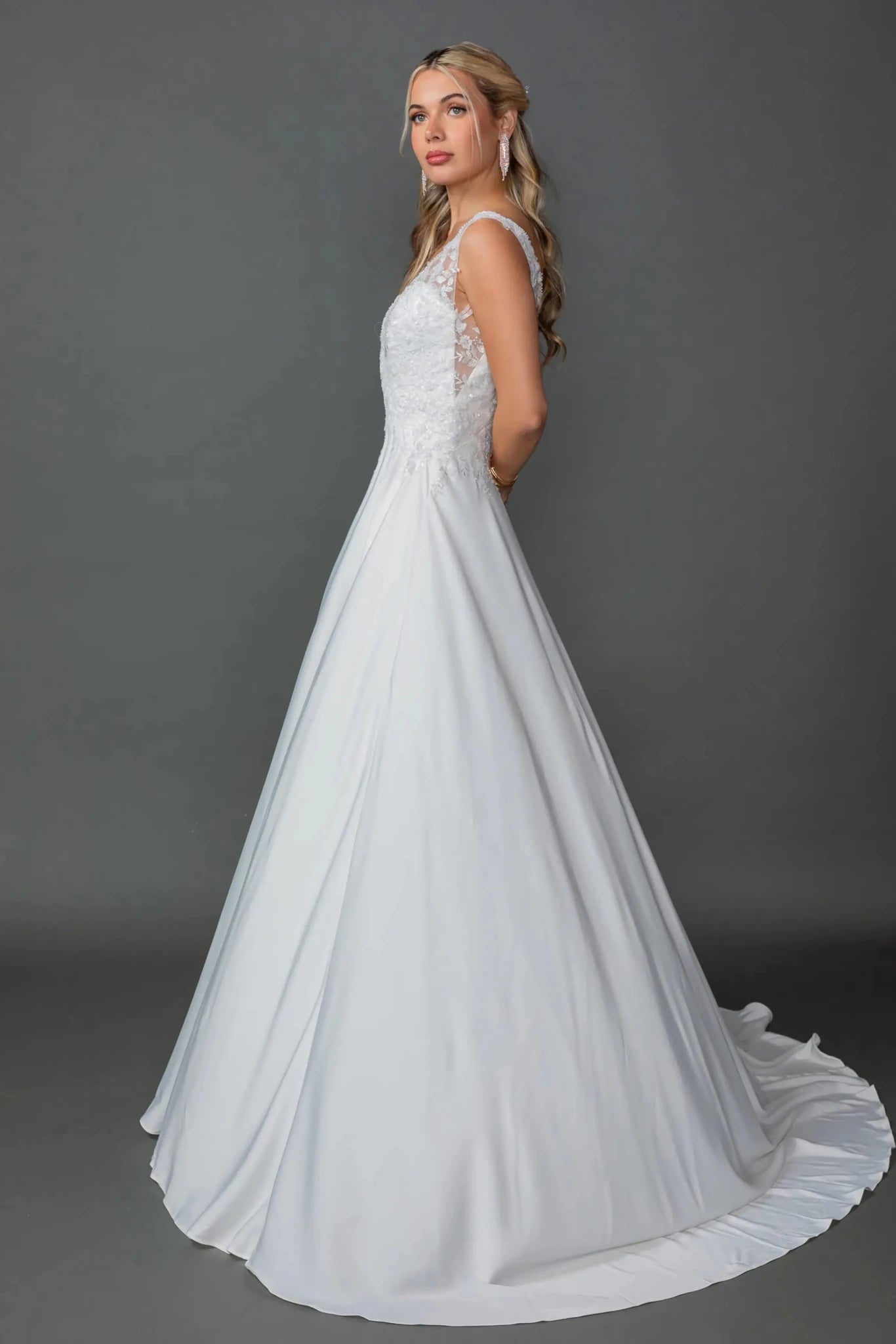 Back full Length view of Elegant Off White V-Neck Lace Appliqué A-Line Wedding Dress