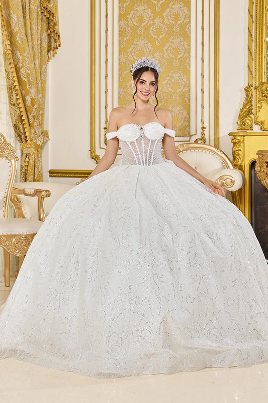 Featuring a floor-length skirt, this Off-White wedding dress is shown in full view.