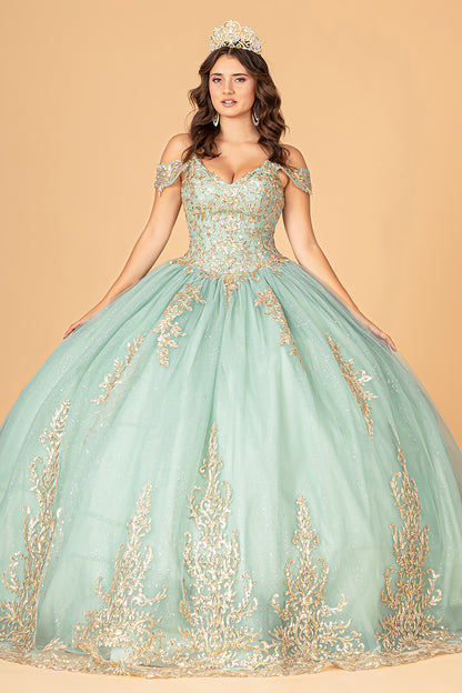 Quinceañera | Sage Gold Embroidered Mesh Sweet 15 Ball Gown | Reyna dress front view