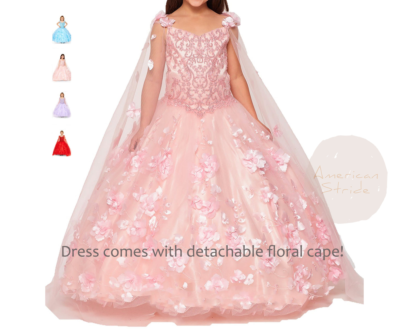 Mini Quince | Blush 3D Flower, Stone and Pearl 3 Anos Mini Quinceanera Dress with Detachable Cape | Harper dress | 4 Colors dress with floral cape