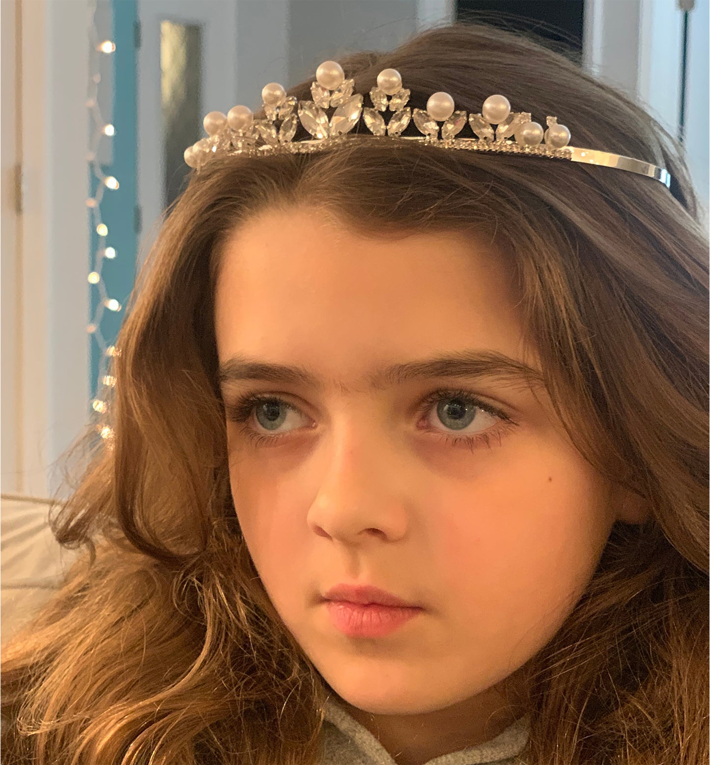 Flower Girl Big Pearl Rhinestone Crystal Tiara | First Communion Tiara | Crystal Flower Girl Headpiece - gril wearing pearl headpiece