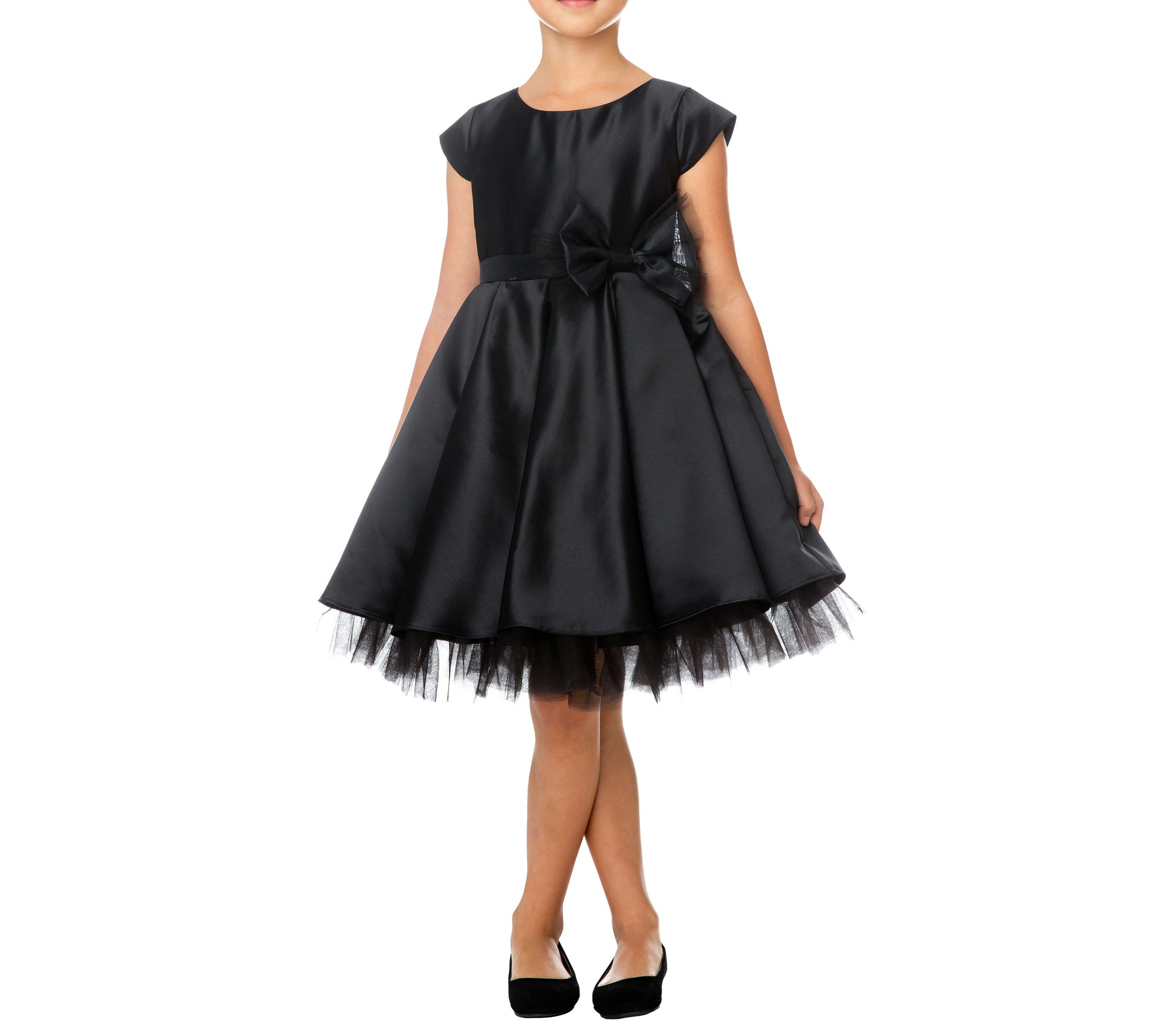 Full Pleated Satin and Crystal Tulle Dress with Detachable oversized organza tulle bow Flower Girl Dress - girl wearing dress in black color