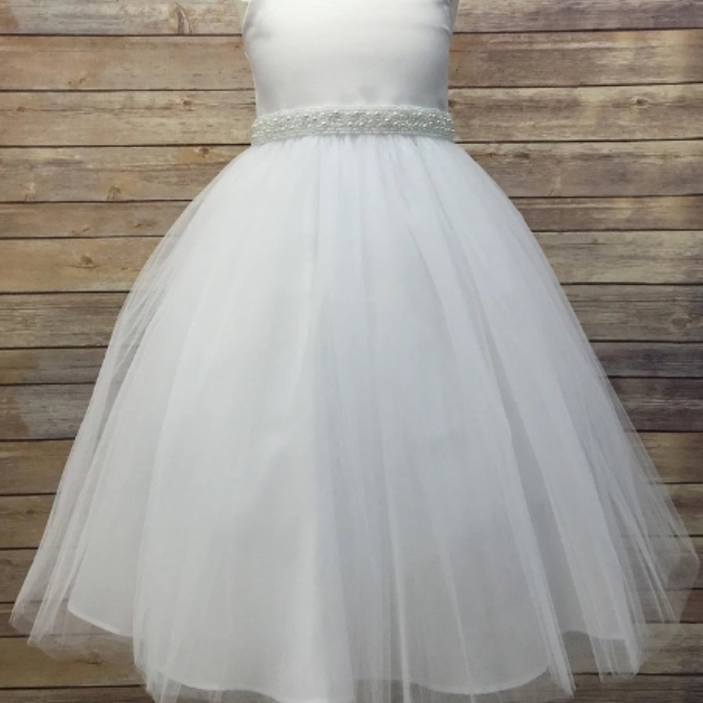 Ivory and white pearl satin flower girl sash belt, front view.
