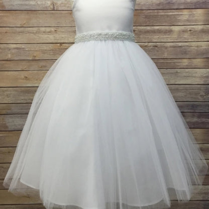 Front view presents ivory and white pearl satin flower girl sash belt,.