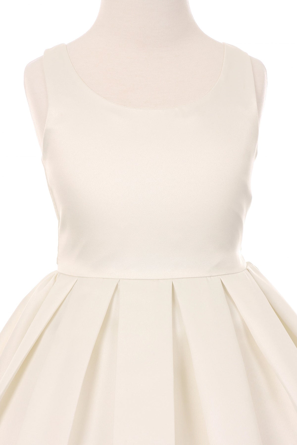 Visible on this Ivory flower girl dress: scoop neckline and fitted satin waist.