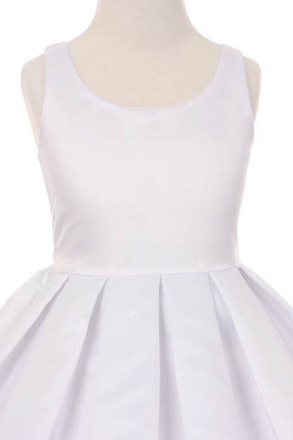 Visible on this White flower girl dress: scoop neckline above the pleated waist.
