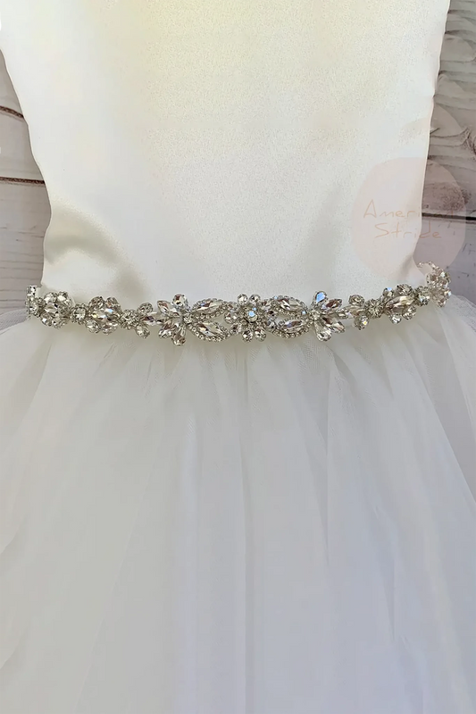 Silver rhinestone floral flower girl sash belt.