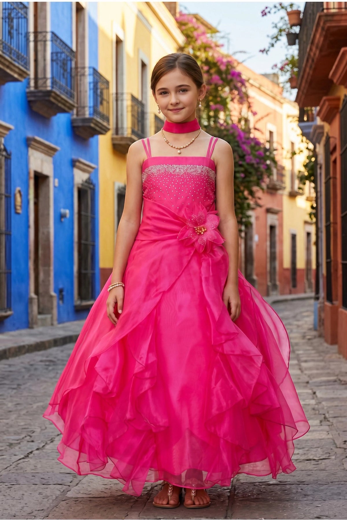 Fuchsia mini quince dress with cascading organza ruffles and a flower at the waist.