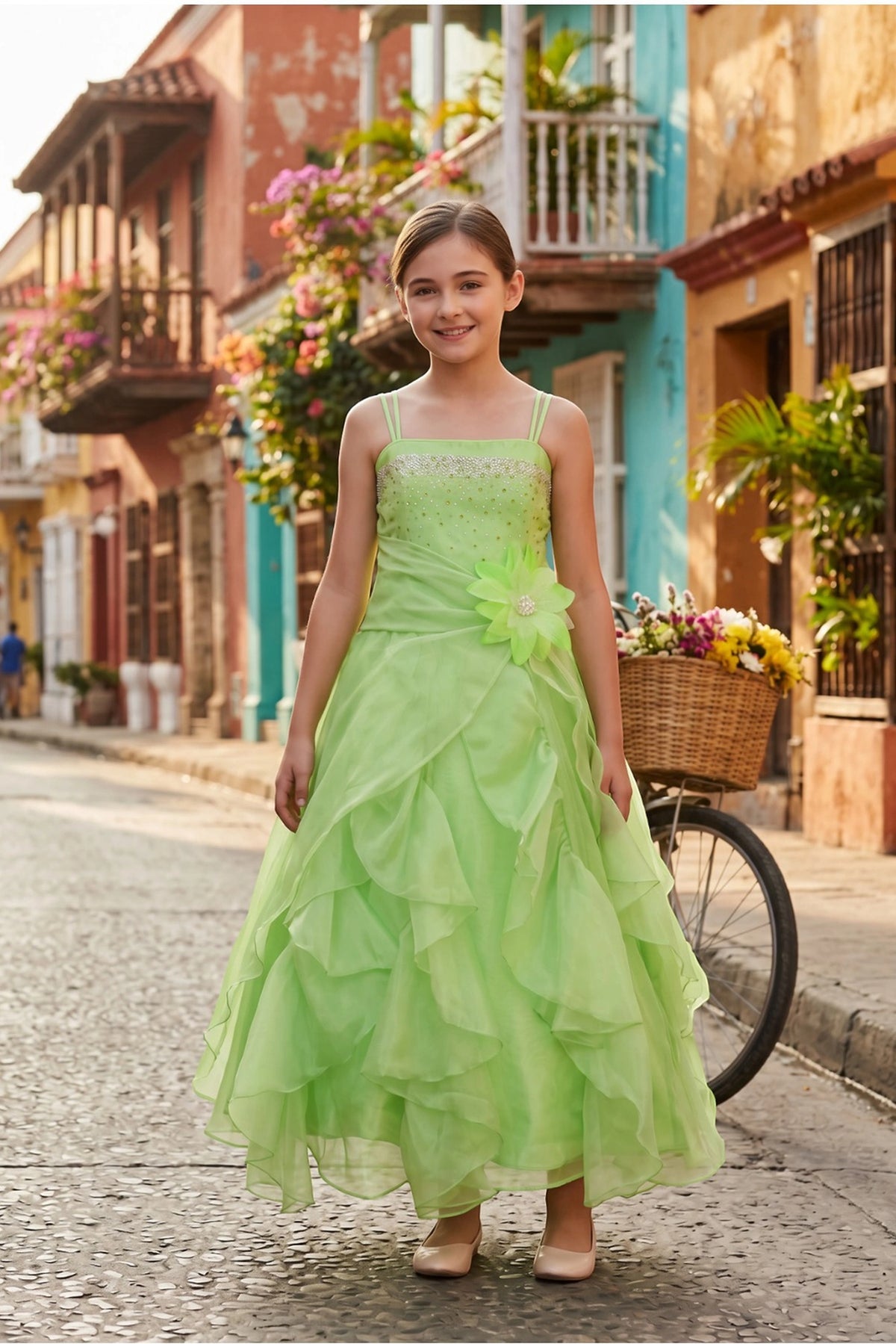 Lime mini quince dress with organza skirt ruffles and a fitted bodice.