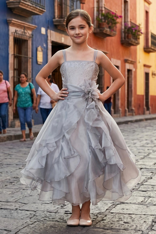 Silver mini quince dress with tiered ruffles and a floral waist accent.