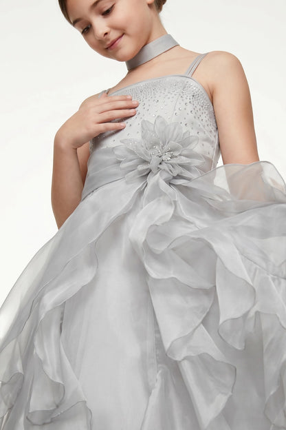 Details of this Silver mini quince dress include shimmering bodice trim and a detachable flower.
