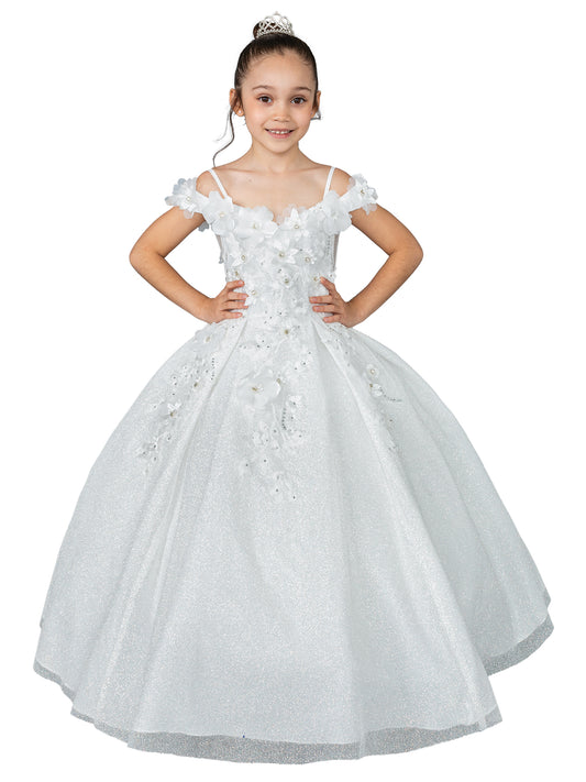 White Floral Shoulder Appliqués Glitter Tulle Mini Quinceanera 3-Anos Dress - front view