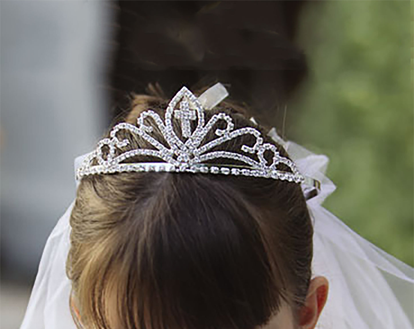 USA Made | Cross Tiara with 2-Tiered Veil | First Communion Rhinestone Tiara