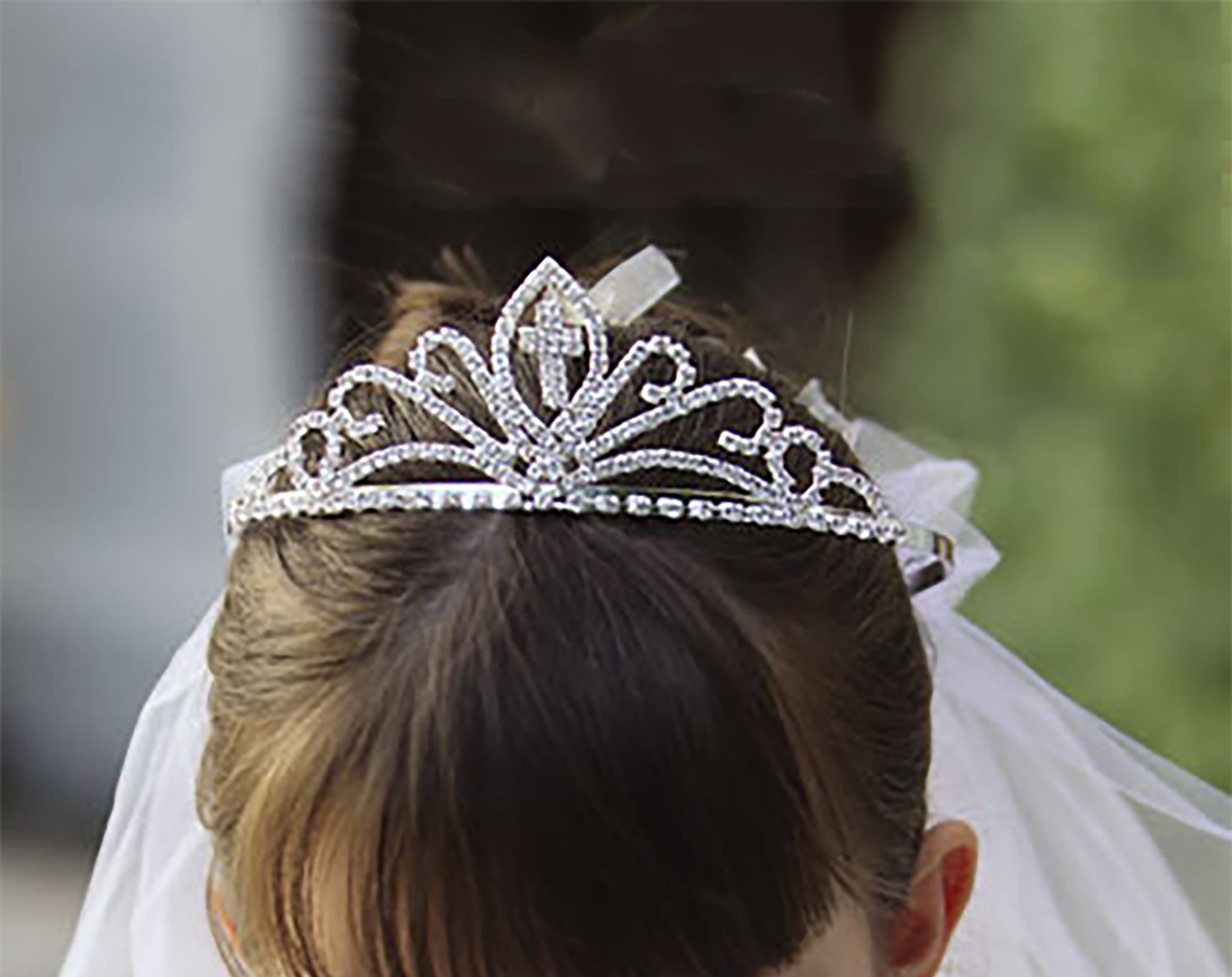 USA Made | Cross Tiara with 2-Tiered Veil | First Communion Rhinestone Tiara