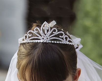 USA Made | Cross Tiara with 2-Tiered Veil | First Communion Rhinestone Tiara