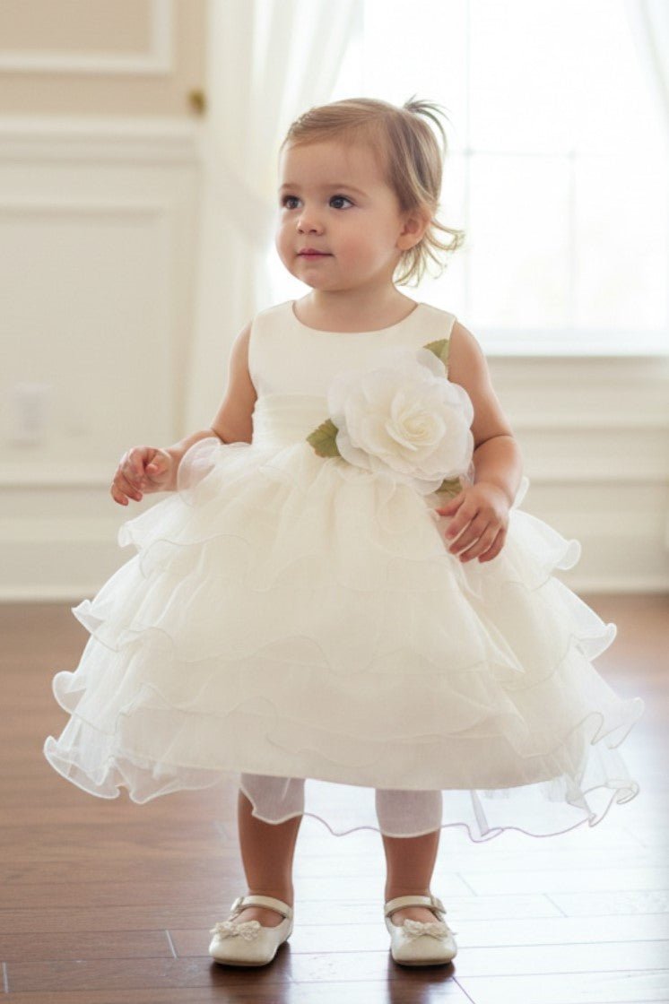 White Rose flower girl Dress Front View With Satin Bodice And Layered Organza Skirt.