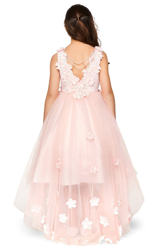 Blush High-Low Tulle Dress with 3D Flower Lace Top Accentuated with Pearl Trim Flower Girl Dress | Flower Girl Dress - back view of girl wearing dress